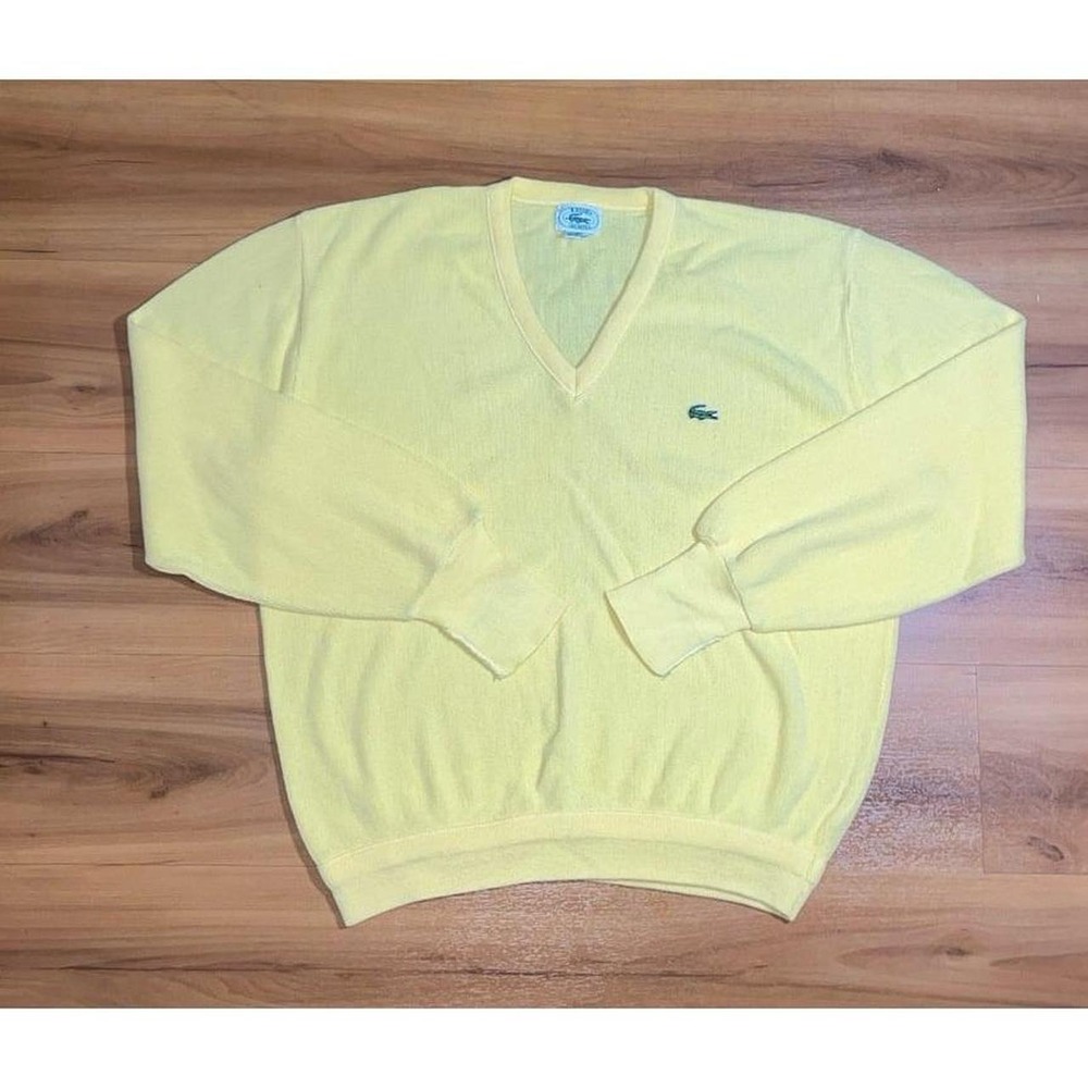 Vintage Mens Lacoste IZOD V-Neck Yellow Pullover Preppy Varsity  Sweater